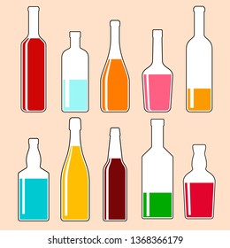 set of transparent bottles with alcoholic drinks, vector color illustrations. collection of icons.