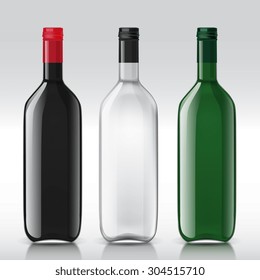 Set of transparent bottles for different wines. These templates are perfect for your design. Vector illustration