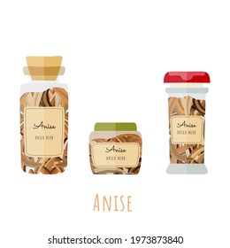 Set of transparent bottles with a dried anise seeds. Three types of the jars with the dried anise seeds isolated on white background. EPS10 vector illustration.