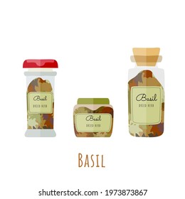 Set of transparent bottles with a dried basil leaves. Three types of the jars with the dried basil leaves isolated on white background. EPS10 vector illustration.