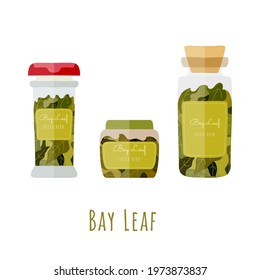 Set of transparent bottles with a dried bay leaf leaves. Three types of the jars with the dried bay leaf leaves isolated on white background. EPS10 vector illustration.