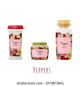 Set of transparent bottles with a dried green, white, pink and black pepper. Three types of the jars with the dried peppercorns isolated on white background. EPS10 vector illustration.