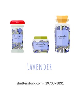 Set of transparent bottles with a dried lavender flowers. Three types of the jars with the dried lavender herb isolated on white background. EPS10 vector illustration.