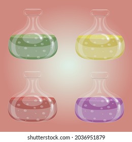set of transparent bottles, flasks with alchemical liquids, witch's potions, medical potions