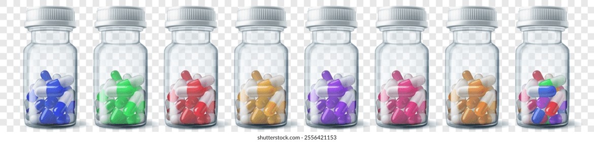 Set of transparent bottles with plastic lids, each containing different colored pills, arranged side by side. Isolated on transparent background. Transparency only in vector format.