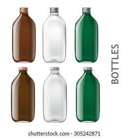 Set of transparent bottles. Realistic empty bottles of colored glass are ready for your design. Vector illustration.