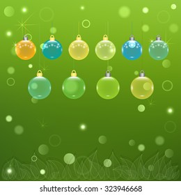 Set of transparent Christmas balls on a green background vector