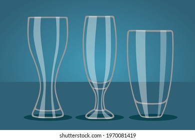 Set of transparent clean cups. Three different forms glasses isolated on blue background. Vector flat clipart. Empty vessels for beverage food and drinks template.