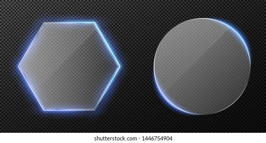 Set of transparent clear glass isolated on transparent background . Blue neon backlight. Diamond and round glass. Vector illustration. EPS 10