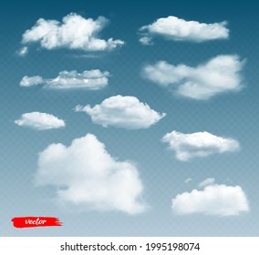 Set of transparent clouds. 3d realistic vector illustration of different clouds on transparent background.
