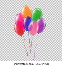 Set of transparent colorful helium balloon. Isolated vector illustration on plaid transparent background. Birthday baloon flying for party, celebrations, buisness and design.