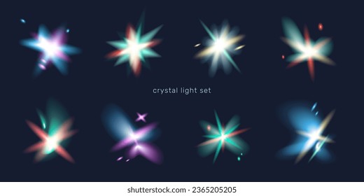 Set of transparent colorful light crystals, sunbursts, caustic lights on a dark background. Vector illustration.