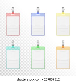 Set of transparent colorful vertical identification cards. Vector EPS10 illustration. 