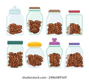 Set aus durchsichtigem Keksglas mit leckerer Schokoladenkekse-Glas-Kollektion, hausgemachte Kekse innen, Plastikbehälter-Vektorgrafik-Vorderansicht für Snack oder Kekse, Cartoon-Stil. Vektorillustration.