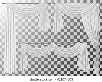 Set of transparent curtains different forms. Curtains are decorated with wavy folds lambrequins zhabot for the window decoration.