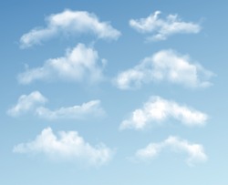 Set Of Transparent Different Clouds Isolated On Blue Background. Real Transparency Effect. Vector Illustration EPS10