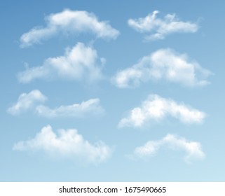 Set of transparent different clouds isolated on blue background. Real transparency effect. Vector illustration EPS10