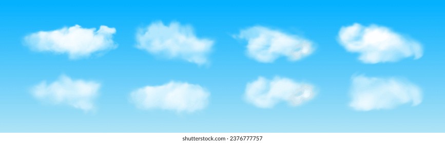 Conjunto de nubes transparentes diferentes aisladas en un fondo azul. Niebla, humo, nubes, nubes, niebla y smog. Fondo realista azul vectorial. Vector.