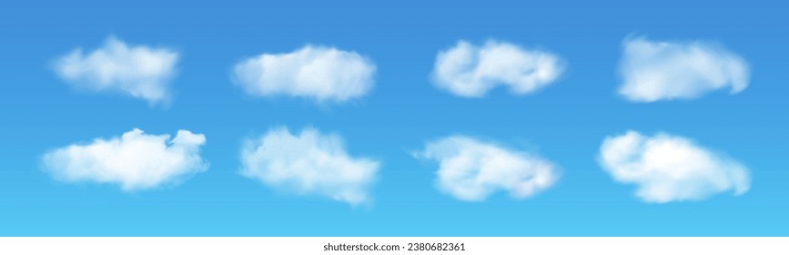 Set of transparent different clouds isolated on a blue background. Fog, smoke, cloud, cloudiness, mist and smog. Vector blue realistic background. Vector.