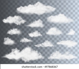 Set of transparent different clouds, isolated on black and white background. Realistic clouds collection. Separated editable elements. Vector illustration.