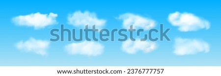 Set of transparent different clouds isolated on a blue background. Fog, smoke, cloud, cloudiness, mist and smog. Vector blue realistic background. Vector. Foto stock © 