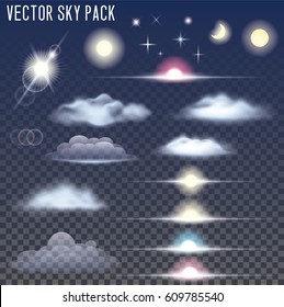 Set of transparent different clouds and stars. Sun, moon, fog. Optimized mesh gradient, light weight in file. Vector illustration.