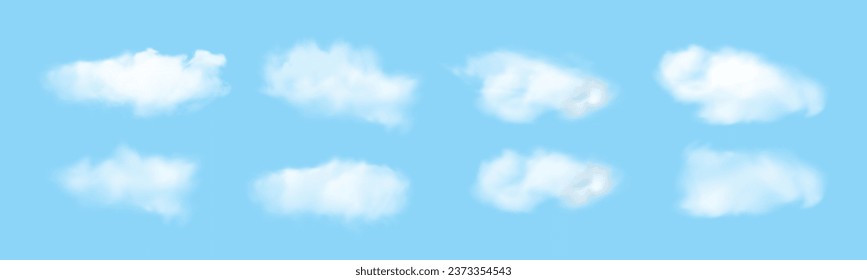 Set von transparenten verschiedenen Wolken. Vektorset einer realistischen, isolierten Wolke am blauen Himmel. Vektorgrafik.