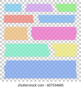 Set of transparent different colors sticky banners, realistic tape pieces, vector illustration.