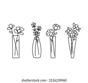 Conjunto de jarrones transparentes con flores. Ilustración de contorno vectorial estilizada aislada en fondo blanco. Flores silvestres dibujadas a mano