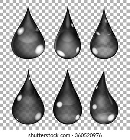 Set of transparent drops in black colors. Transparency only in vector format. Can be used with any background