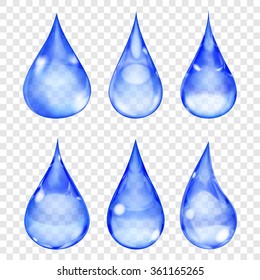 Set of transparent drops in blue colors. Transparency only in vector format. Can be used with any background