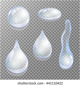Set of transparent drops in blue colors. Transparency only in vector format. Can be used with any background.