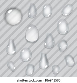 Set of transparent drops of different forms on striped background