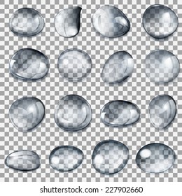 Set of transparent drops of different forms in gray colors