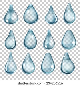 Set of transparent drops of different forms in blue colors