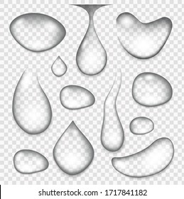 Set of transparent drops of different shapes in gray colors. Realistic water drops, drops after the rain. Current drops from rain or spray.