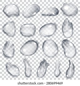 Set of transparent drops of different shapes in gray colors