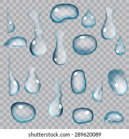 Set of transparent drops of different shapes in blue colors