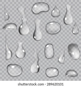 Set of transparent drops of different shapes in gray colors