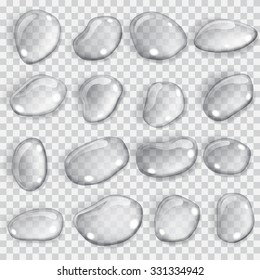 Set of transparent drops of different shapes in gray colors. Transparency only in vector format