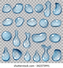 Set of transparent drops of different shapes in light blue colors. Transparency only in vector format