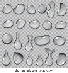 Set of transparent drops of different shapes in gray colors. Transparency only in vector format