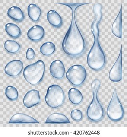 Set of transparent drops of different shapes in blue colors. Transparency only in vector format