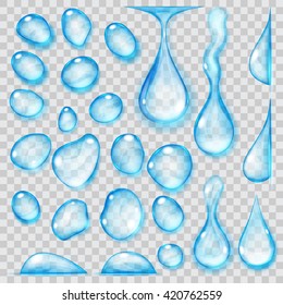 Set of transparent drops of different shapes in light blue colors. Transparency only in vector format