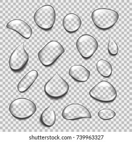 Set of transparent drops of different shapes. Realistic pure water drops vector. Illustration for any background.