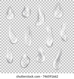 Set of transparent drops of different shapes. Realistic pure water drops vector. Illustration for any background.