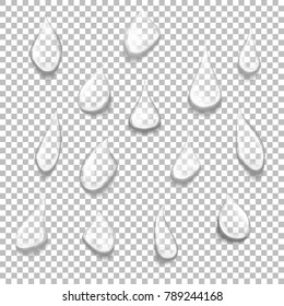 Conjunto de gotas transparentes de diferentes formas. El agua pura realista cae vectorial. Ilustración de cualquier fondo.