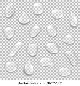 Set of transparent drops of different shapes. Realistic pure water drops vector. Illustration for any background.