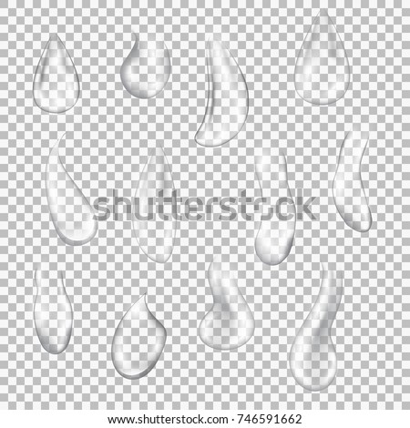 Set of transparent drops of different shapes. Realistic pure water drops vector. Illustration for any background.