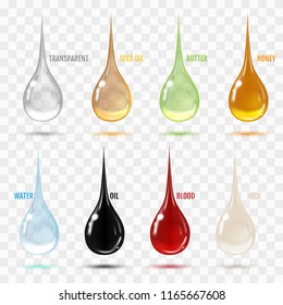 Set of transparent drops in gray colors. Transparency only in vector format. Can be used with any background. Different drops.  Realistic vector illustration.